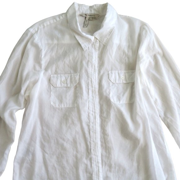 BCBG Sheer White Cotton Blouse Large Button Up Roll Tab Long Sleeves - Picture 2 of 9